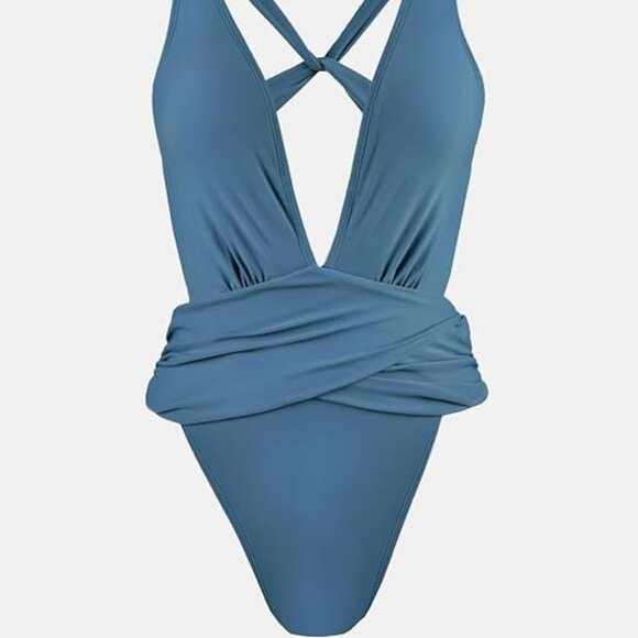 CUPSHE BLUE CROSS BACK DEEP V NECK WRAP WAIST HIGH CUT SWIMSUIT SIZE MEDIUM NWT - Picture 3 of 5
